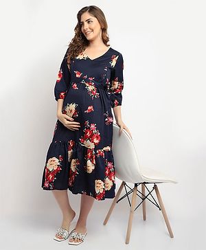 Moms Maternity Three Fourth Sleeves All Over Flowers Printed Fit & Flare Maternity Dress With Concealed Zipper Nursing Access - Navy Blue