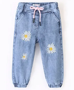 Kookie Kids Full Length Denim Jeans with Floral  Embroidery Detailing - Blue