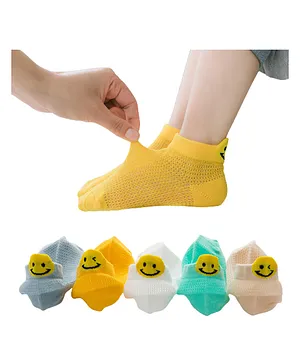 MOMISY Cotton Ankle Length Anti Skid Tube Socks Smiley Design Pack of 5 - Multicolour