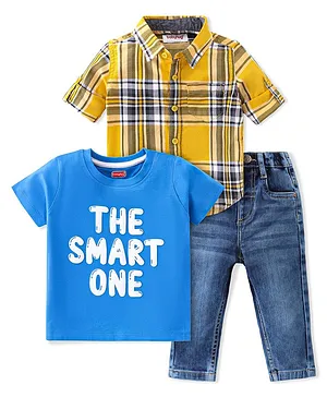 Babyhug Cotton Full Sleeves Shirt with T-Shirt & Jeans Set Checkered - Blue & Yellow
