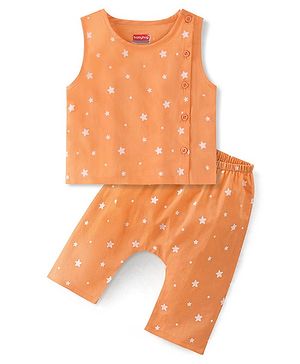 Babyhug Sleeveless Jhabla & Full Length Pajama Set With Star Print - Orange