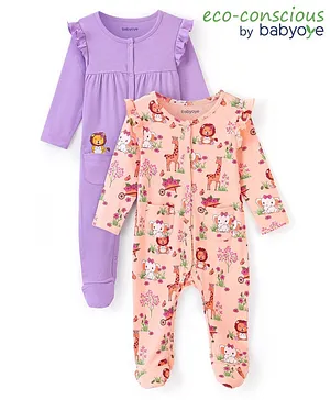 Babyoye 100% Cotton Full Sleeves Romper With Animals Print Pack Of 2 - Peach & Purple