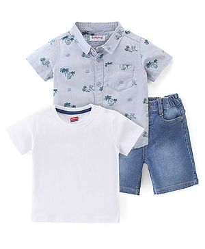 Babyhug 100% Cotton Knit Half Sleeves Shirt With Inner T-Shirt & Shorts Cheetah Print - White & Blue