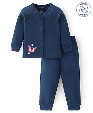 Babyoye Full Sleeves Thermal Inner Wear Set Butterfly Print - Navy Blue