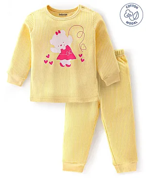 Babyoye Cotton Modal Drop Needle Full Sleeves Bear Print Thermal Vest & Pajama Set - Pale Banana