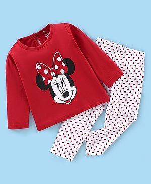 Babyhug Cotton Knit Full Sleeves Minnie Mouse Print Night Suit - Red & White