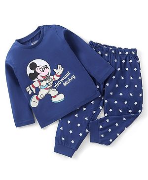 Babyhug Cotton Full Sleeves Night Suit Stars & Mickey Mouse Print- Blue