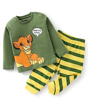 Babyhug Cotton Knit Full Sleeves Night Suit With Simba Print - Green & Yellow