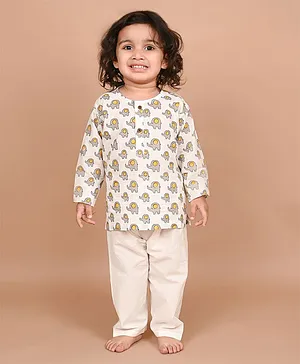 LIL PITAARA Pure Cotton Full Sleeves Tee & Pyjama Set Elephant Print -  White