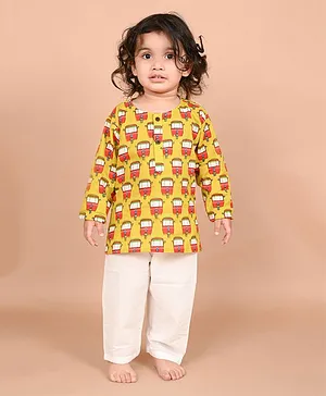 LIL PITAARA Pure Cotton Full Sleeves Tee & Pyjama Set Auto Print -  Mustard