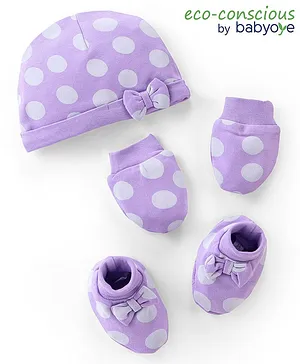 Babyoye Eco Conscious 100% Cotton Cap Mittens & Booties With Polka Dots Print Lilac - Diameter 11.5 cm