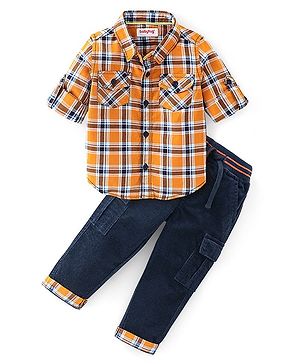 Babyhug 100% Cotton Knit Full Sleeves Shirt & Lounge Pant Checkered - Orange & Navy Blue