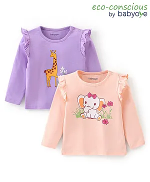 Babyoye Eco Conscious Female 100%Cotton Elephant Printed Full Sleeves Tops Pack of 2 - Multicolour