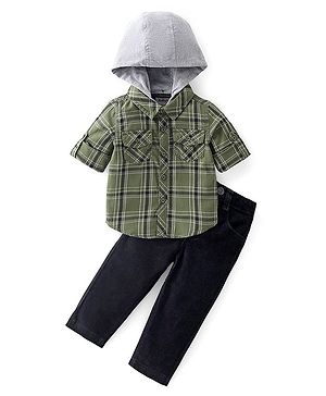 Babyhug 100% Cotton Woven Full Sleeves Checked Shirt With Removable Hood & Trouser - Green & Black