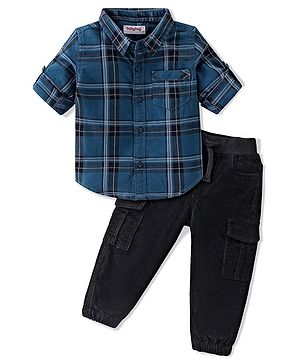 Babyhug Cotton Woven Full Sleeves Checkered Shirt with Joggers - Blue & Black