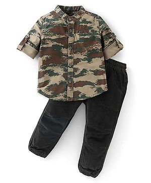 Babyhug Cotton Knit  Full Sleeves Shirt & Denim Jeans With Camoflauge Print - Green