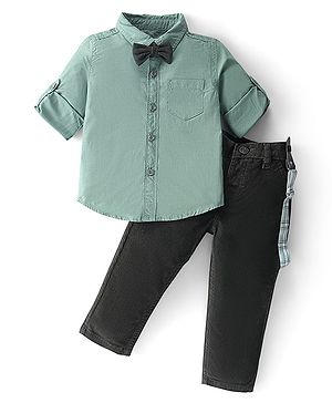 Babyhug 100% Cotton Woven Full Sleeves Solid Color Shirt & Pant Set With Bow - Olive Green