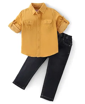 Babyhug Cotton Knit Full Sleeves Shirt & Denim Jeans With Solid Colour - Yellow & Black