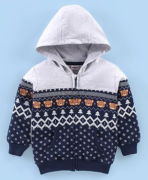 Babyhug Cotton Knit Full Sleeves Bear Printed Sweatjacket with Zipper & Hood - Grey