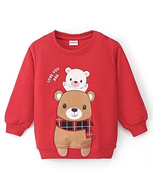 Babyhug Cotton Knit Full Sleeves Brushed Fleece Sweatshirt With Teddy Graphics & Applique Detailing - Red