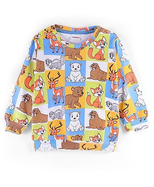 Babyhug Cotton Full Sleeves Sweatshirt Fox & Deer Print- Blue Green & Yellow