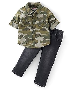 Babyhug Cotton Knit Full Sleeves Shirt & Denim Jeans With Camouflage Print - Green & Black