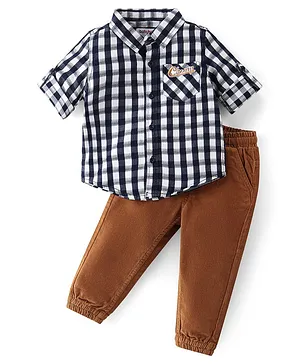 Babyhug Cotton Knit Full Sleeves Shirt & Lounge Pant With Checkered & Text Embroidery - Blue &  Brown