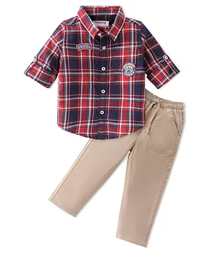 Babyhug 100% Cotton Woven Full Sleeves Checkered Shirt & Trouser Set - Multicolor & Brown
