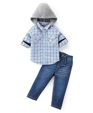 Babyhug Cotton Knit Full Sleeves Hooded Checks Shirt & Washed Jeans Set - Blue