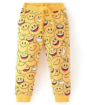 Babyhug Cotton Looper Knit Full Length Smiley Printed Lounge Pant - Yellow