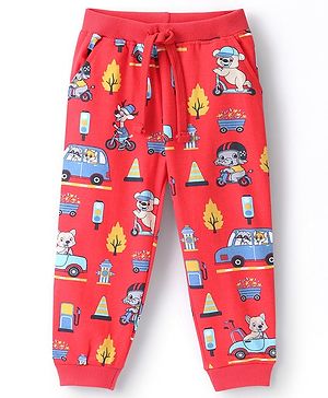 Babyhug Cotton Looper Knit Full Length Lounge Pant Animal Print - Red