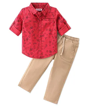 Babyhug Cotton Woven Full Sleeves Printed Shirt & Trouser Set - Red & Khaki
