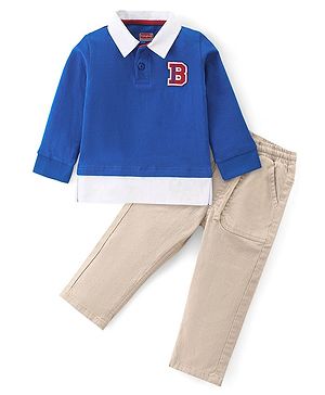 Babyhug 100% Cotton Knit Full Sleeves T-Shirt & Trousers With Letter Embroidery - Blue & Beige
