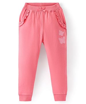 Babyhug Cotton Looper Knit Full Length Butterfly & Frill Detailing Lounge Pant - Pink