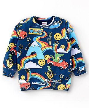 Babyhug Cotton Knit Full Sleeves Sweatshirt Rainbow Print - Navy Blue