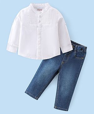 Babyhug Full Sleeves Solid Color Shirt & Denim Jeans - White & Blue