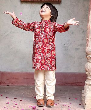 Babyhug 100% Cotton Woven Full Sleeves Kurta & Pyjama Set Floral Print - Red