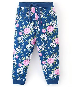 Babyhug Cotton Looper Knit Full Length Lounge Pant Floral Print - Navy Blue