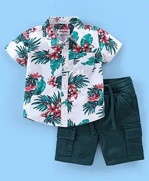 Babyhug Cotton Woven Half Sleeves Shirt And Shorts With Floral Print - Green & White