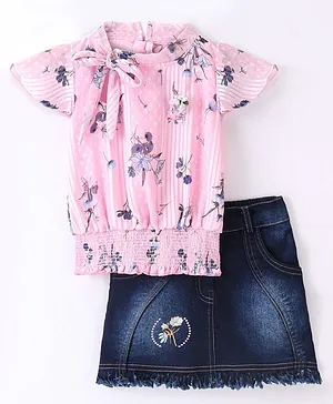 Enfance Half Flutter  Sleeves Floral Printed Applique Top With Skirt - Pink