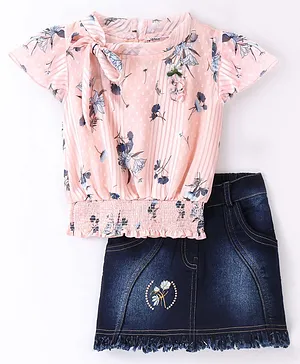 Enfance Half Flutter  Sleeves Floral Printed Applique Top With Skirt -  Peach