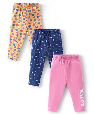 Babyhug Cotton Lycra Full Length  Leggings Hearts & Polka Dots Printed Pack of 3 - Blue & Pink