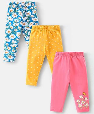 Babyhug Cotton Lycra Full Length Stretchable Leggings Floral & Dot Print Pack of 3- Yellow Pink & Blue