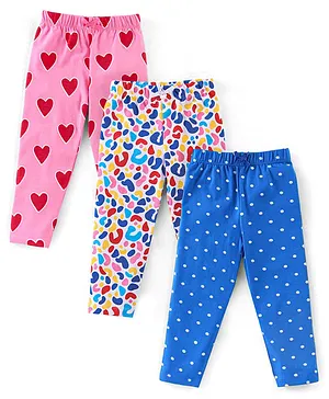 Babyhug Cotton Lycra Knit Full Length Leggings with Stretch & Heart & Polka Dots Printed Pack of 3 - Blue & Pink