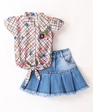 Enfance Half Flutter Sleeves Checked Floral Printed Applique Top With Skirt - Peach