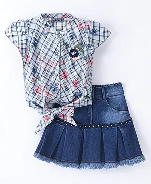 Enfance Half Flutter Sleeves Checked Floral Printed Applique Top With Skirt - Grey