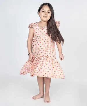 MR BRAT Muslin Bird Printed Knee Length Tiered Dress - Light Pink