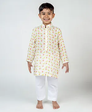 MR.BRAT Full Sleeves Muslin Floral Printed Kurta Pyjama Set - White