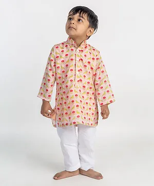 MR.BRAT Full Sleeves Muslin Floral Printed Kurta Pyjama Set - Light Pink
