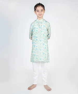 MR.BRAT Full Sleeves Muslin Floral Printed Kurta Pyjama Set - Sea Green